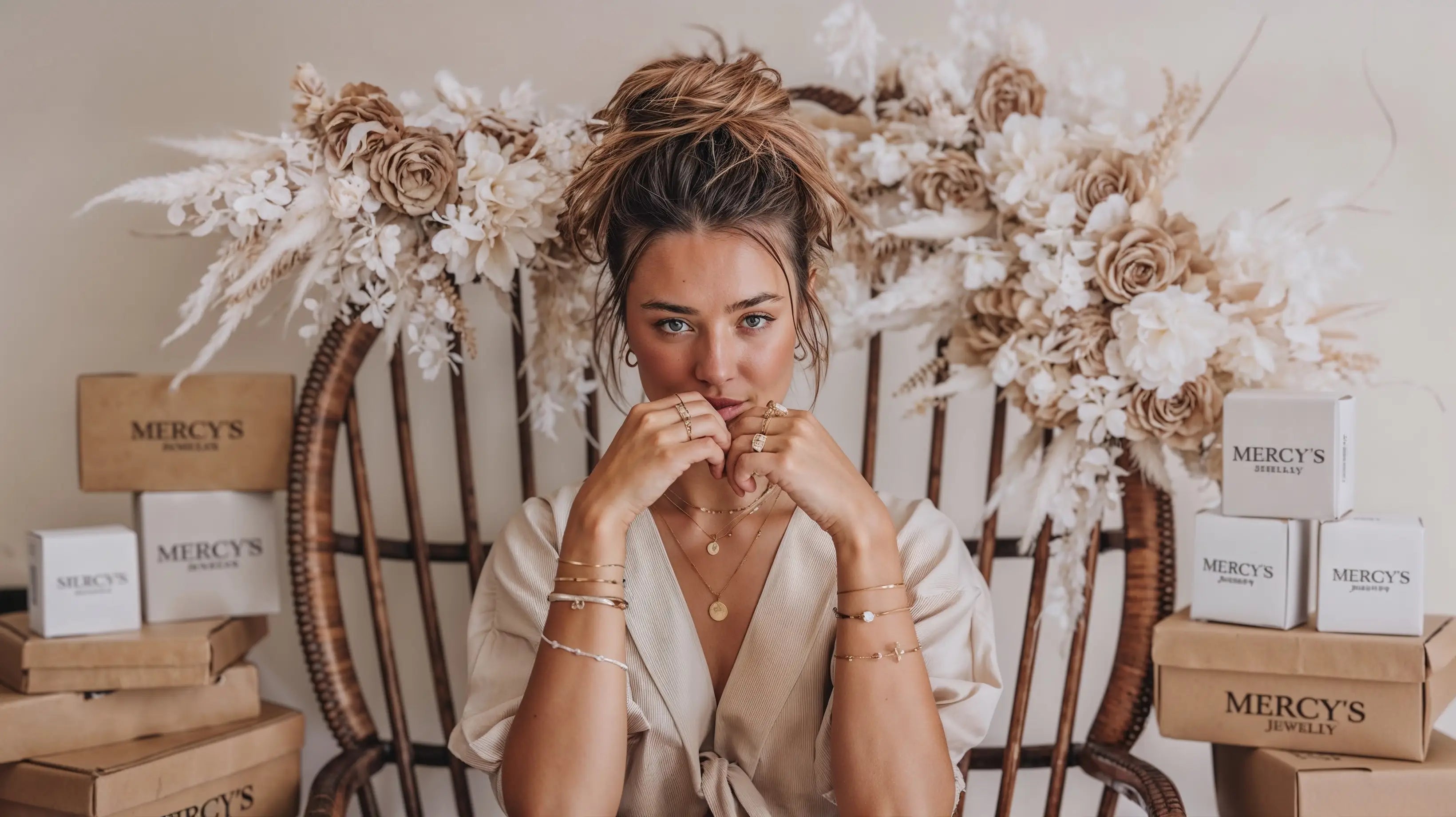 Model trägt Mercy’s Jewelry Schmuck – mehrere goldene Ringe, Halsketten und Armbänder, umgeben von Verpackungsboxen und Blumendeko