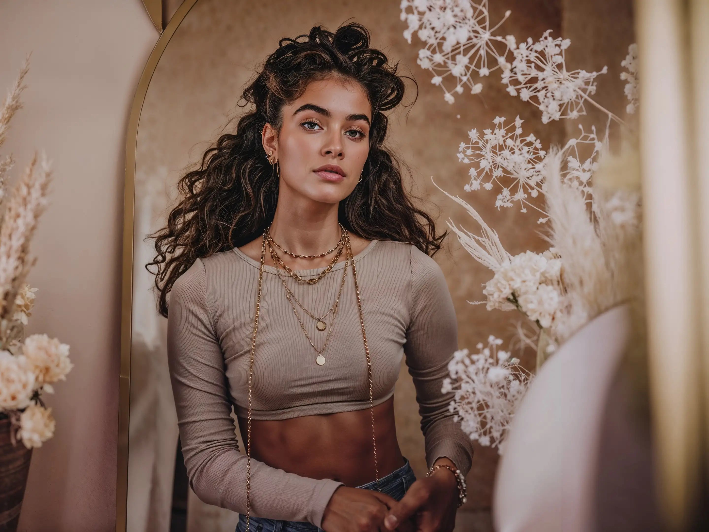 Model mit langen Locken trägt Mercy’s Jewelry Schmuck – goldene Halsketten, Ohrringe und Armband, aufgenommen vor Spiegel und Blumen-Deko