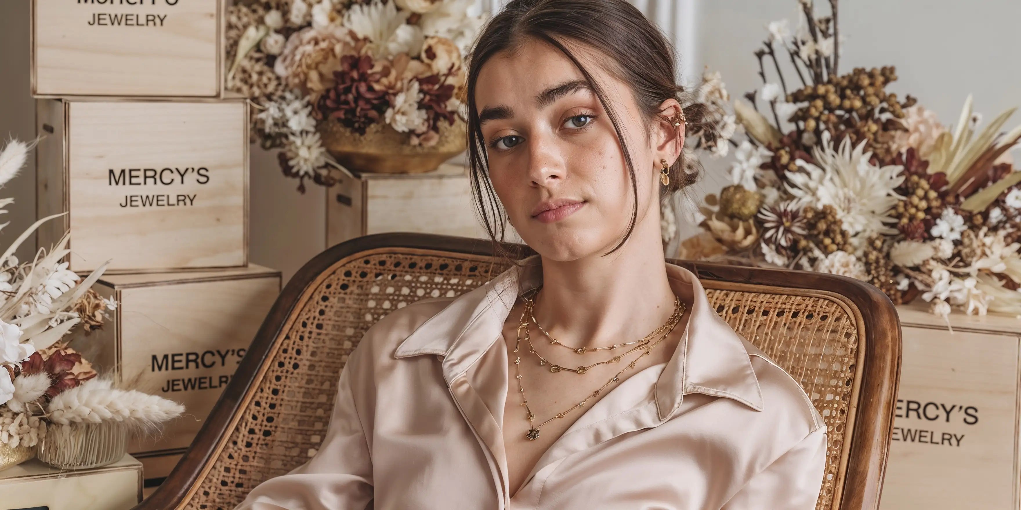 Model trägt mehrere goldene Halsketten und Ohrringe von Mercy’s Jewelry im eleganten Look