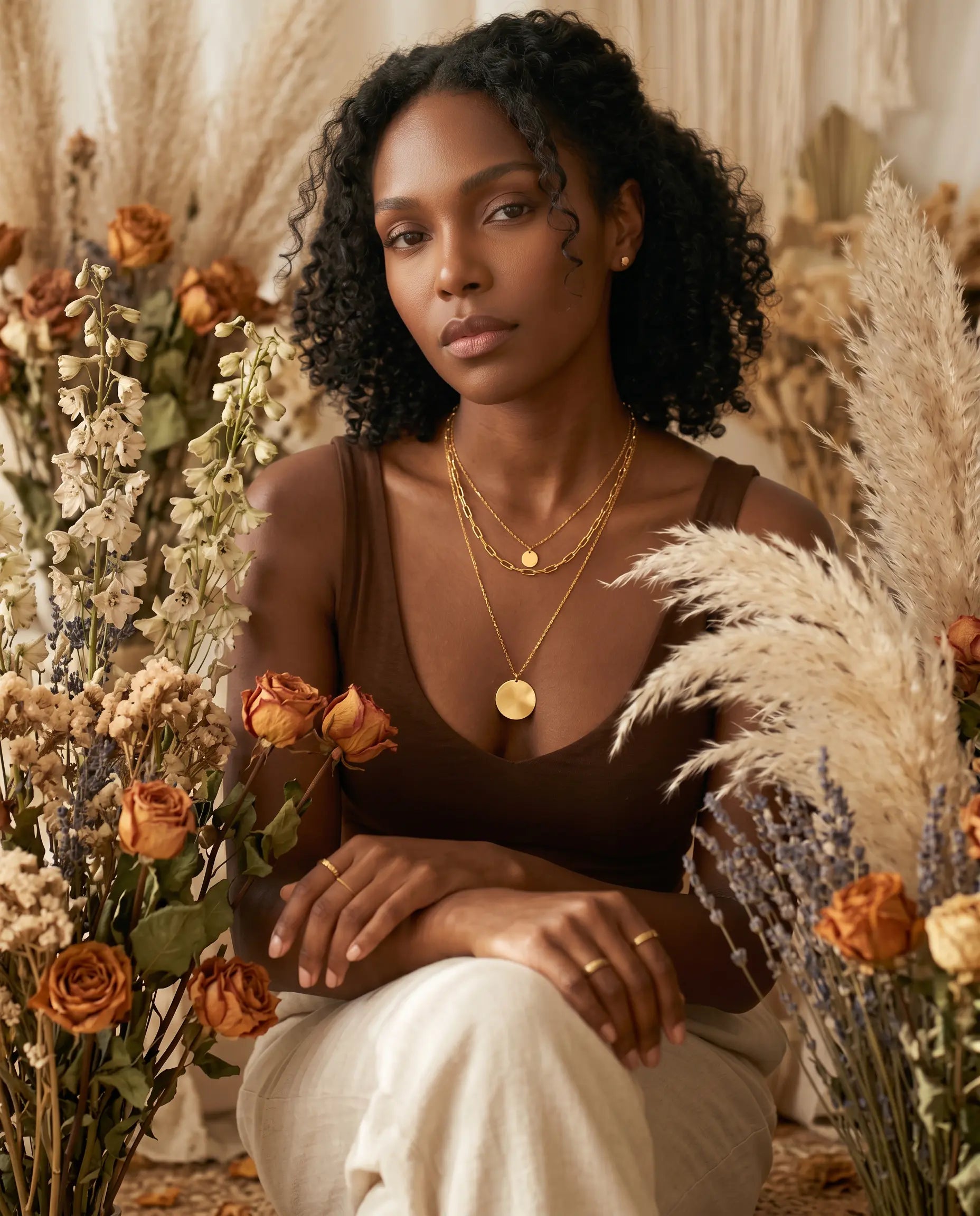 Frau mit goldenen Layering-Ketten von MERCY'S, umgeben von Trockenblumen und Pampasgras