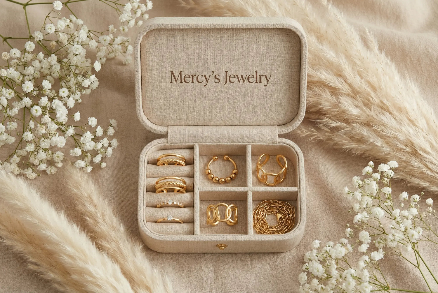 Offene Mercy’s Jewelry Schmuckbox mit mehreren goldenen Ringen und einer Halskette, umgeben von Pampasgras und Baby’s Breath auf hellem Leinenstoff.