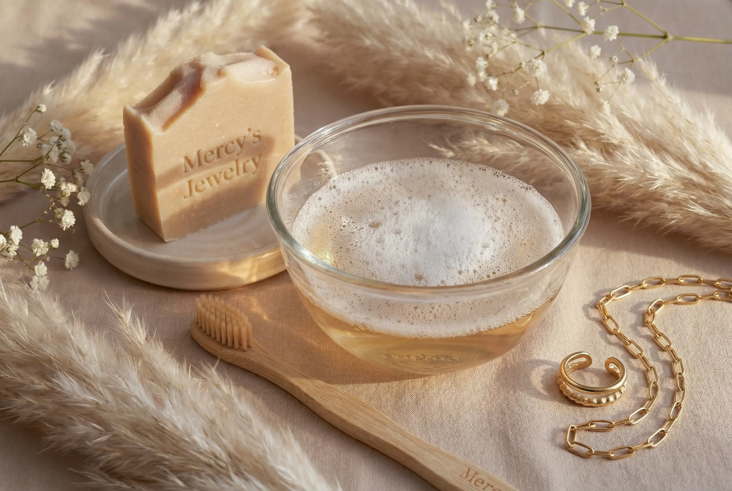 Schmuckreinigungsszene mit Mercy’s Jewelry Seifenstück, einer Glasschale voller Schaum, einer Bambuszahnbürste und goldenen Schmuckstücken, dekoriert mit Pampasgras und Baby’s Breath im warmen Licht.
