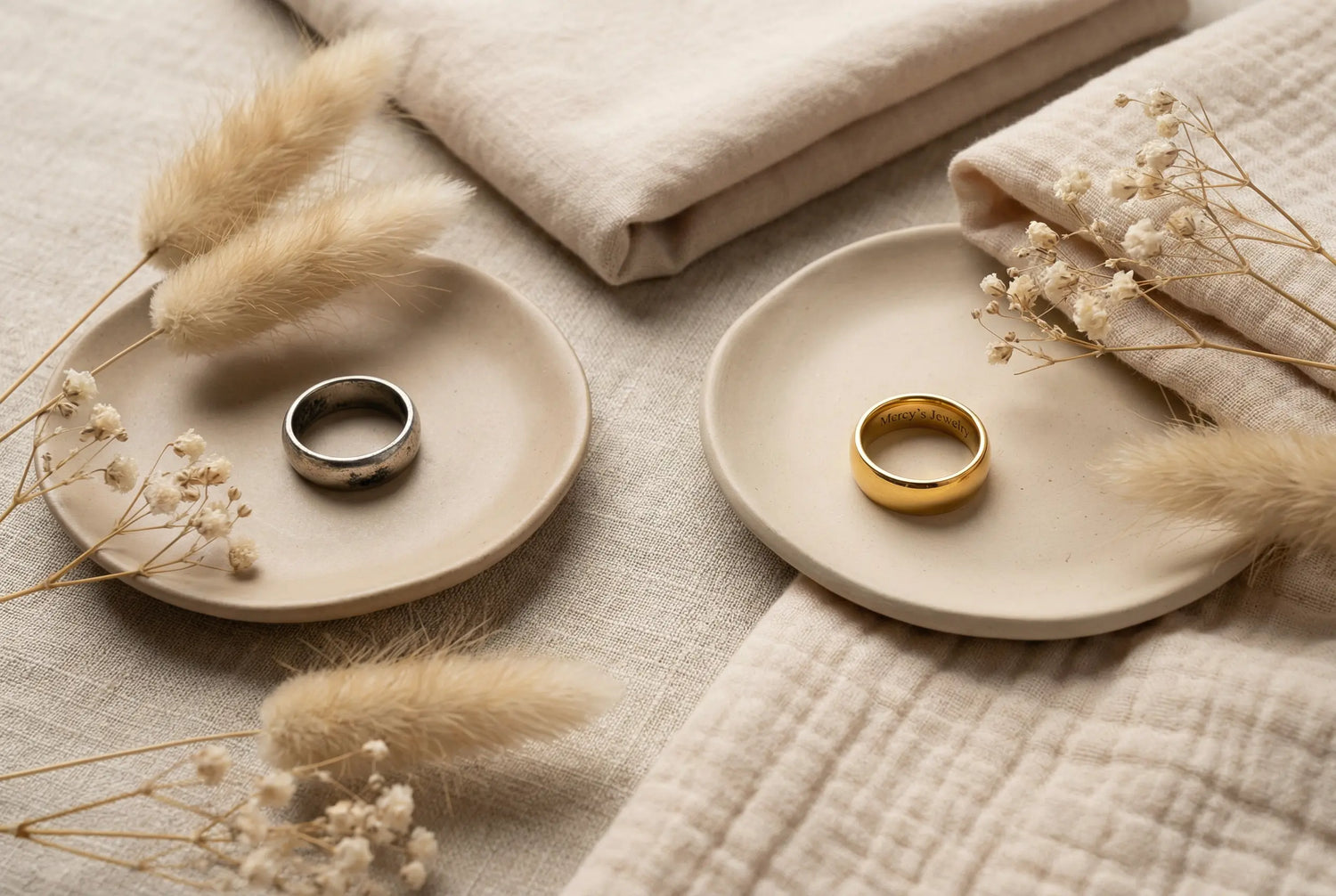 Zwei Ringe auf separaten Keramikschalen – links ein silberner, oxidierter Ring und rechts ein goldener Ring von Mercy’s Jewelry – dekoriert mit Pampasgras und Baby’s Breath auf hellem Leinenstoff.
