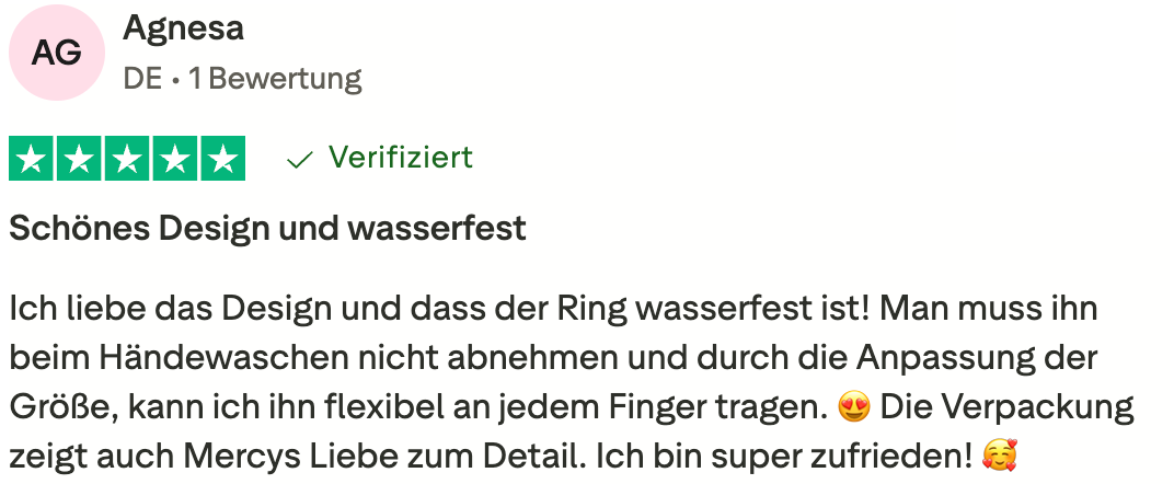 Trustpilot-Bewertung von Agnesa über einen wasserfesten Ring von Mercy’s Jewelry – lobt Design, Anpassbarkeit und hochwertige Verpackung.