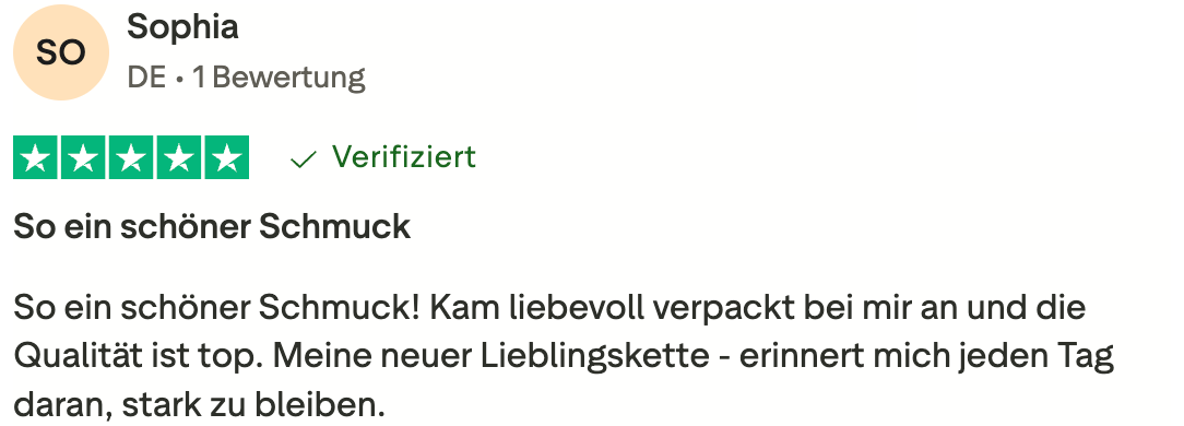 Trustpilot-Bewertung von Sophia über Mercy’s Jewelry – lobt schönen Schmuck, liebevolle Verpackung und hochwertige Qualität.