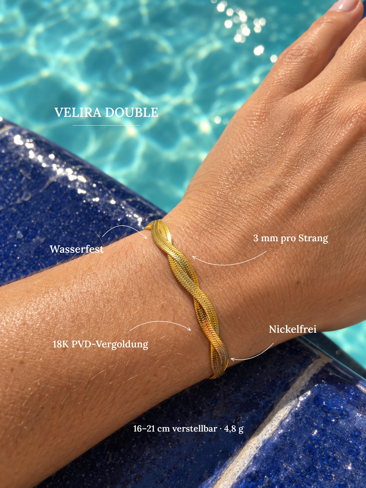 Velira Double Armband am Pool mit Produktdetails: wasserfest, 18K PVD-Vergoldung, 3 mm pro Strang, 16 bis 21 cm verstellbar, 4,8 g